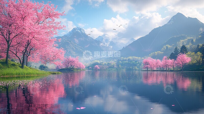 高清大图下载【趣麦麦图】湖畔樱花映山色1