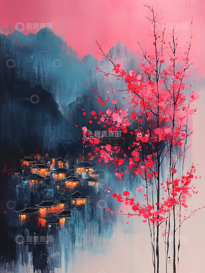 高清大图下载【趣麦麦图】田野树影夕阳红2