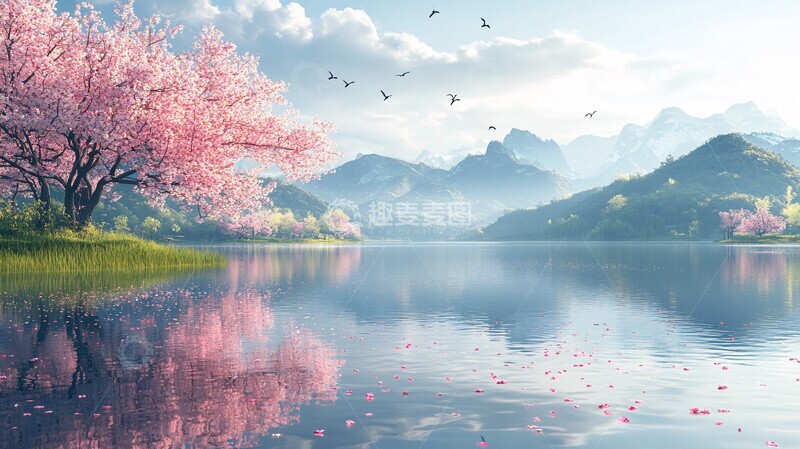 高清大图下载【趣麦麦图】湖畔樱花映山色2