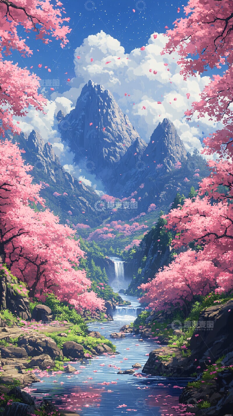 高清大图下载【趣麦麦图】樱花流水谷樱花流水山谷
