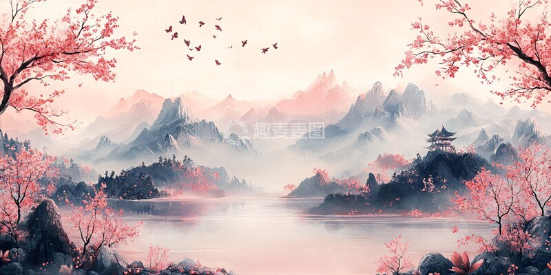 高清大图下载【趣麦麦图】桃林山水桃花山水粉色