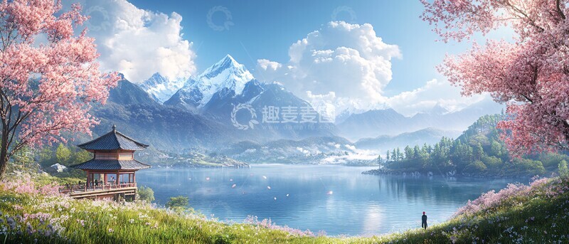 高清大图下载【趣麦麦图】湖畔樱花与山景1