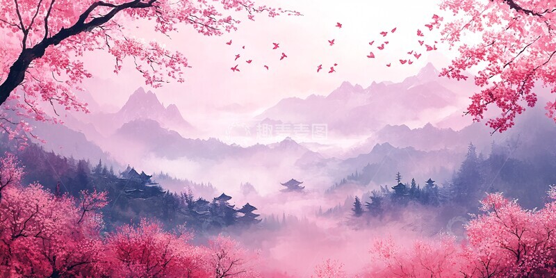 高清大图下载【趣麦麦图】桃林山水桃花山水粉色2