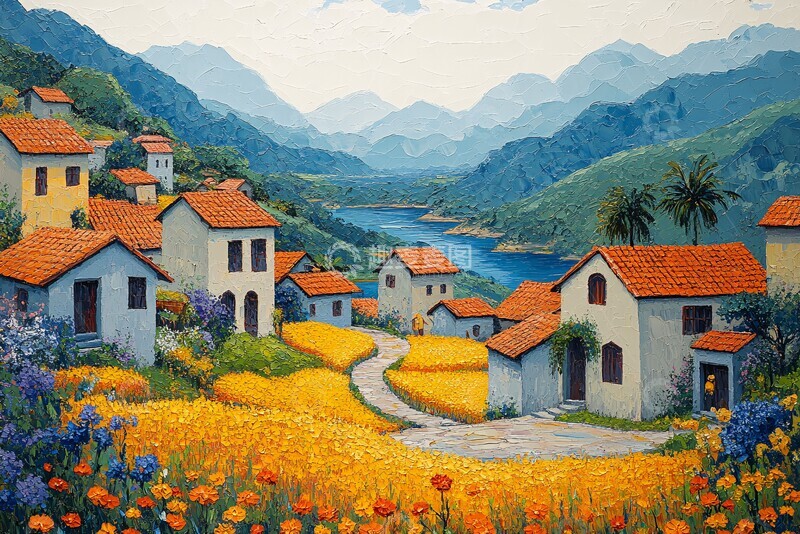 高清大图下载【趣麦麦图】黄稻田与红瓦房2