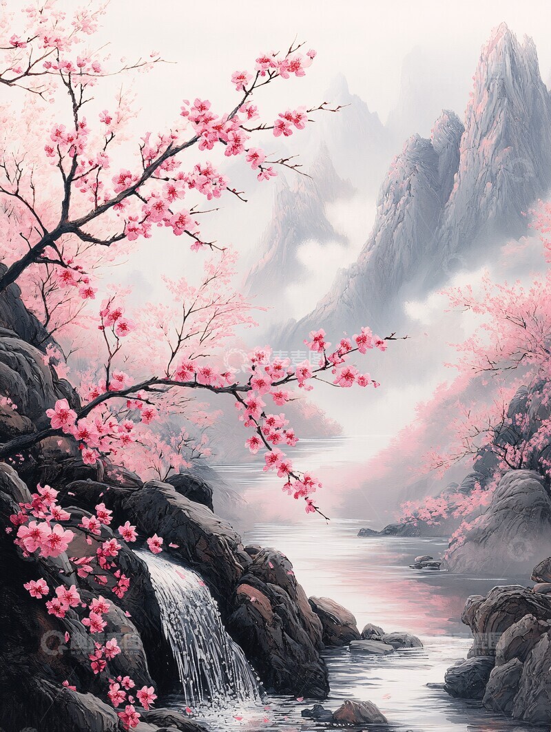 高清大图下载【趣麦麦图】山岩溪流桃花图