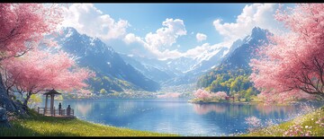 湖畔樱花与山景