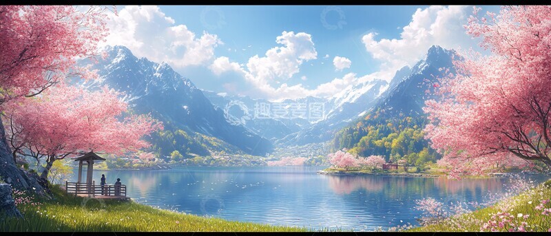高清大图下载【趣麦麦图】湖畔樱花与山景