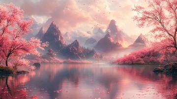 粉山湖树樱粉山湖水树木1