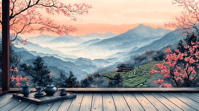 高清大图下载【趣麦麦图】茶园樱花茶具1