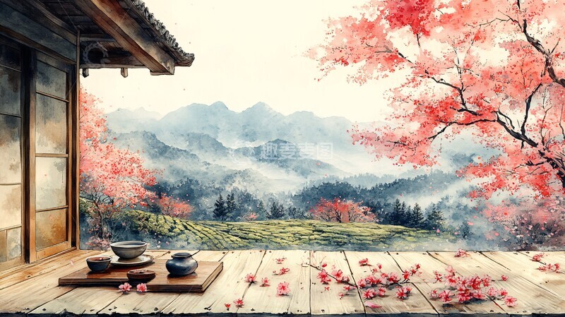 高清大图下载【趣麦麦图】茶园樱花茶具