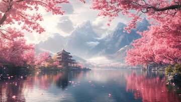 粉山湖树樱粉山湖水树木2