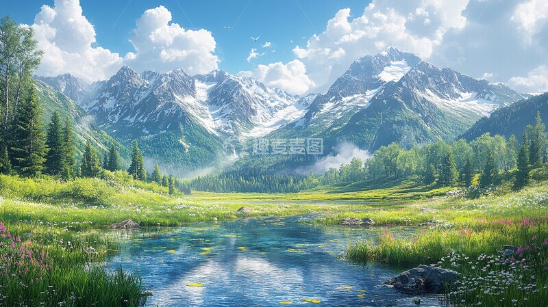 高清大图下载【趣麦麦图】绿地河流与山林1