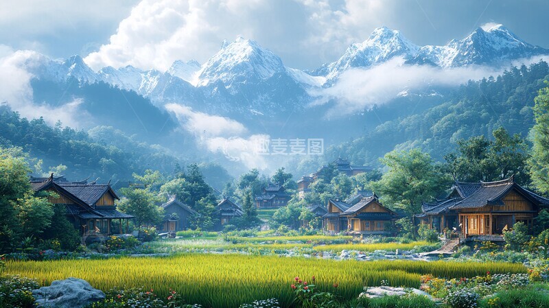 高清大图下载【趣麦麦图】稻田小屋远山2