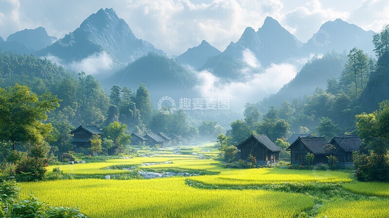 高清大图下载【趣麦麦图】稻田小屋远山