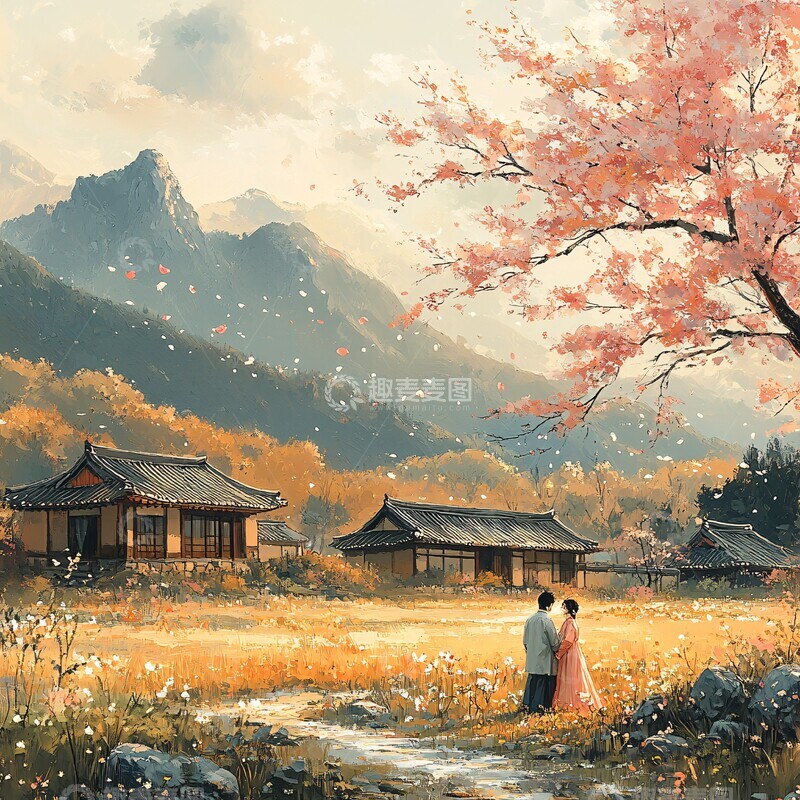 高清大图下载【趣麦麦图】花树下相遇传统韩国艺术