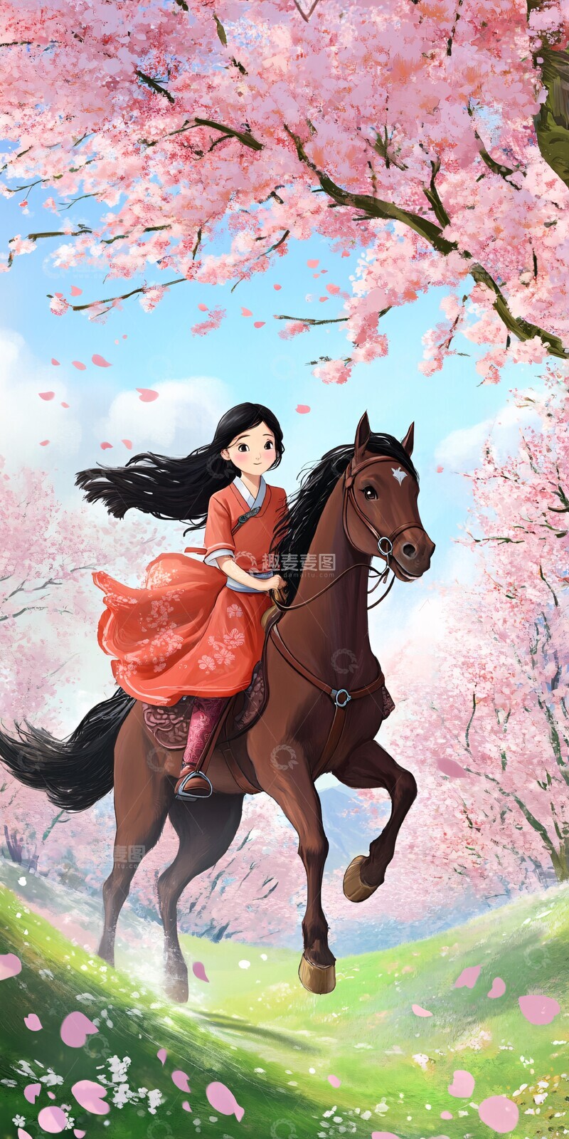 高清大图下载【趣麦麦图】少女骑马穿越桃花谷
