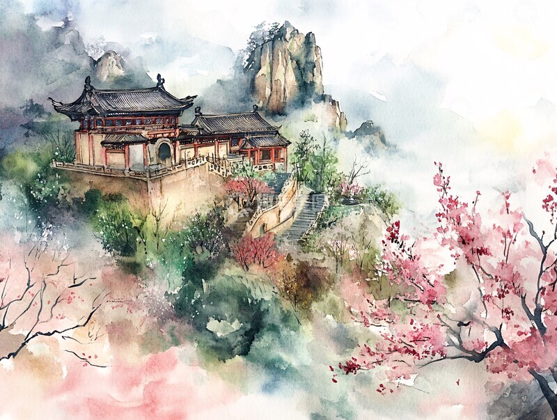 高清大图下载【趣麦麦图】山寺桃花村景图1