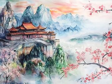 山寺桃花村景图