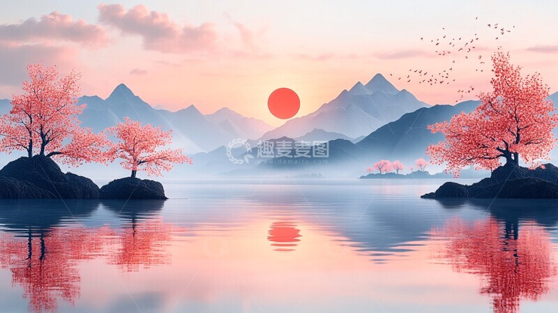 高清大图下载【趣麦麦图】樱花湖景剪纸图