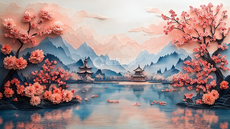 高清大图下载【趣麦麦图】樱花湖景剪纸图1