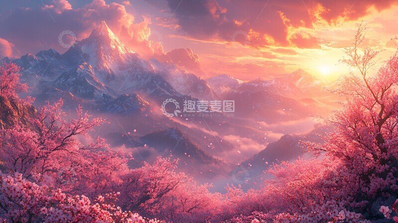 高清大图下载【趣麦麦图】桃花山间夕阳1
