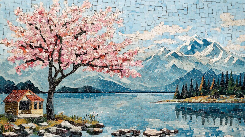 高清大图下载【趣麦麦图】樱花树与湖畔小屋1