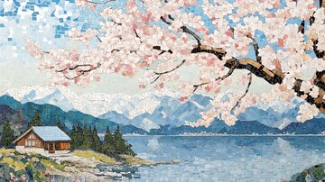 樱花树与湖畔小屋