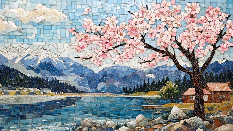 高清大图下载【趣麦麦图】樱花树与湖畔小屋2