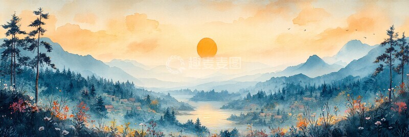 高清大图下载【趣麦麦图】山坡上的河流村庄1