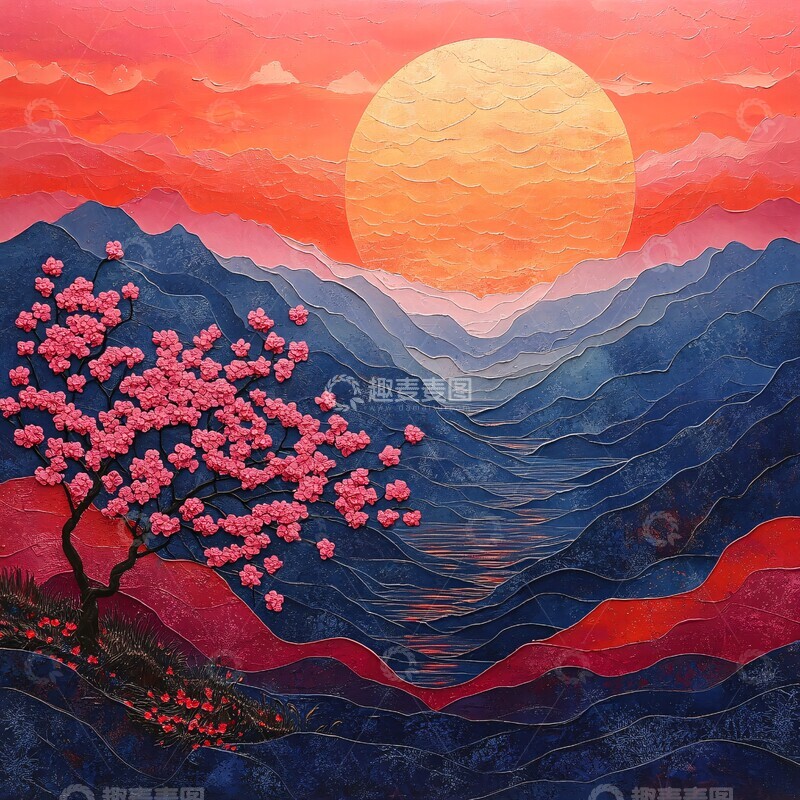 高清大图下载【趣麦麦图】山与樱花与夕阳
