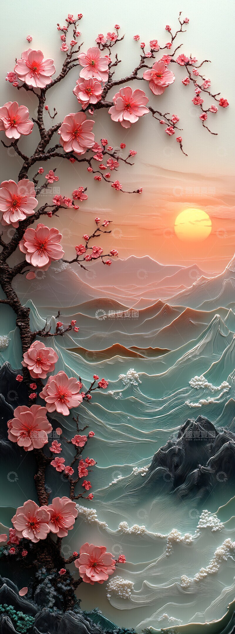 高清大图下载【趣麦麦图】樱花树枝与海浪