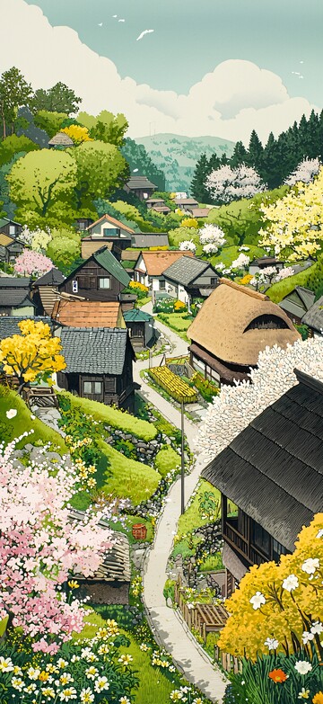 村庄春景村庄春季插图