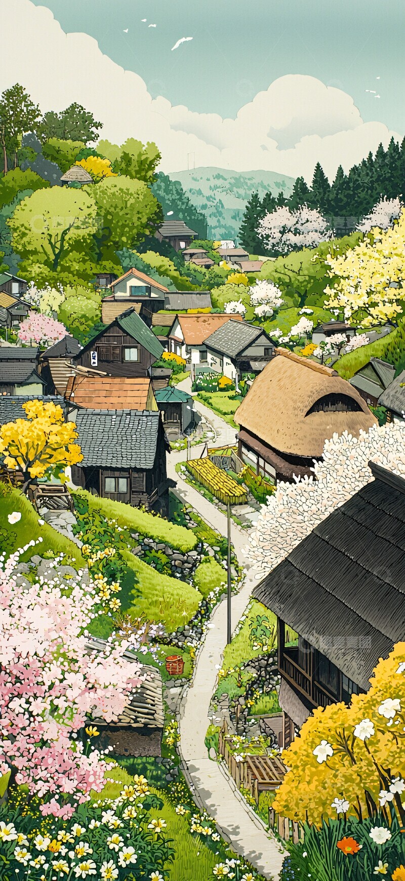 高清大图下载【趣麦麦图】村庄春景村庄春季插图