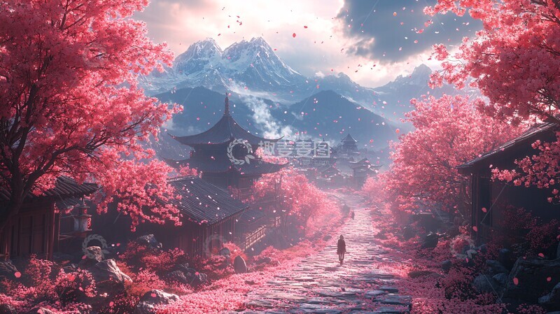 高清大图下载【趣麦麦图】樱花山径石板路1