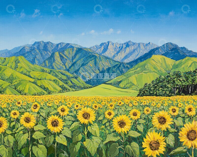 高清大图下载【趣麦麦图】向日葵田与山脉1