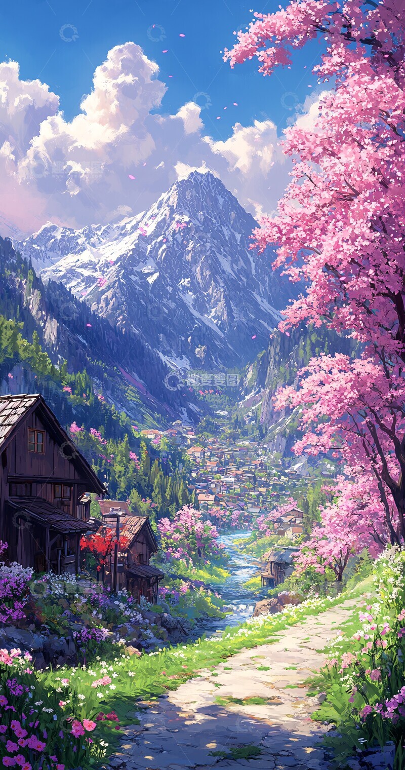 高清大图下载【趣麦麦图】樱花山水田园