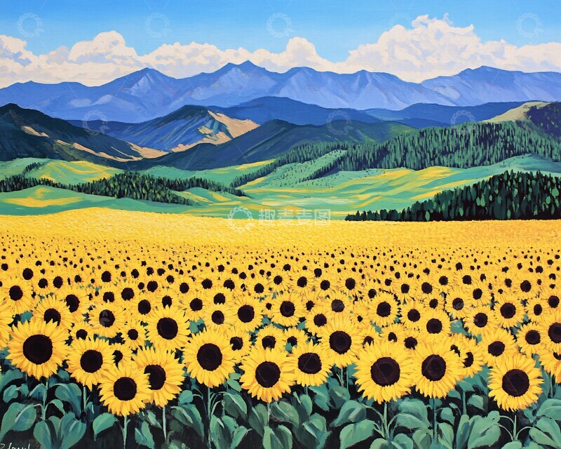 高清大图下载【趣麦麦图】向日葵田与山脉