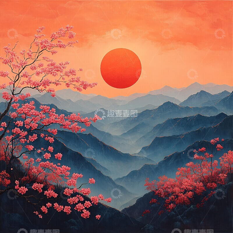 高清大图下载【趣麦麦图】山与樱花与夕阳2