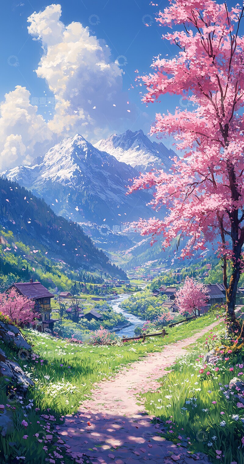 高清大图下载【趣麦麦图】樱花山水田园1