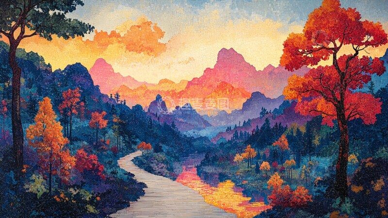 高清大图下载【趣麦麦图】点彩山水图点彩山水风格1