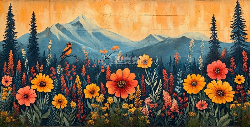 高清大图下载【趣麦麦图】黄花海鸟山林