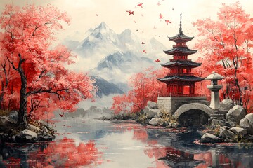 日式园林鸟水灯塔2