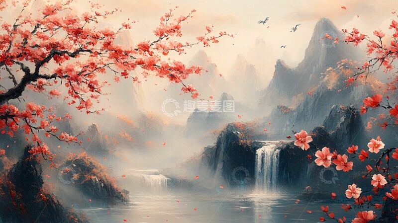 高清大图下载【趣麦麦图】远山流水花鸟图1