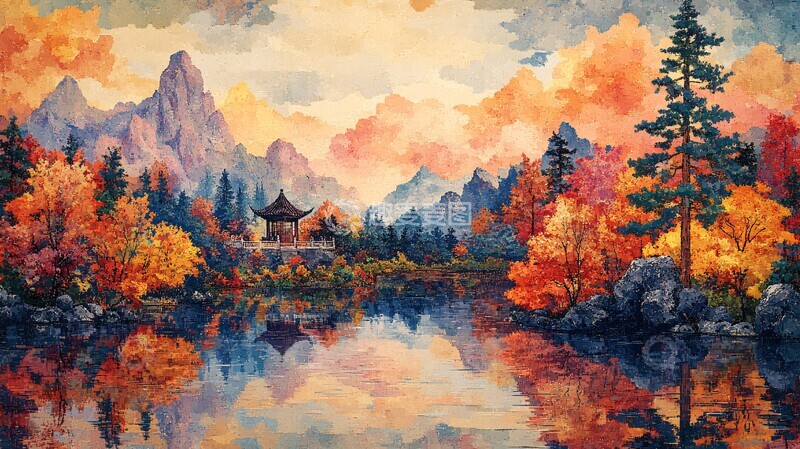 高清大图下载【趣麦麦图】点彩山水图点彩山水风格2