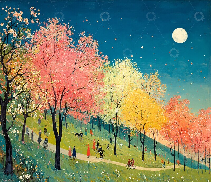 高清大图下载【趣麦麦图】绿树粉树下的人1