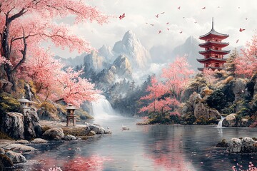 日式园林鸟水灯塔