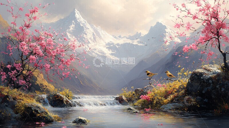 高清大图下载【趣麦麦图】远山流水花鸟图2