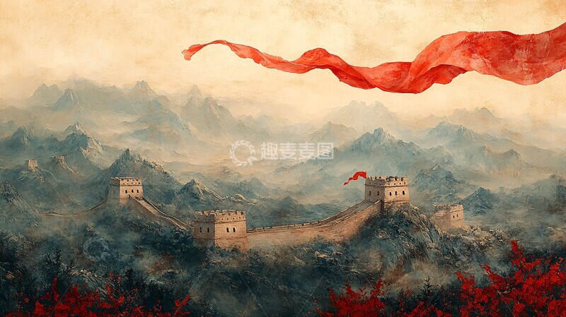 高清大图下载【趣麦麦图】红绸绕长城红绸长城山水