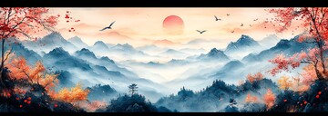 秋山飞鸟图秋景山色飞鸟