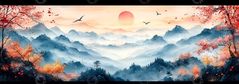 高清大图下载【趣麦麦图】秋山飞鸟图秋景山色飞鸟